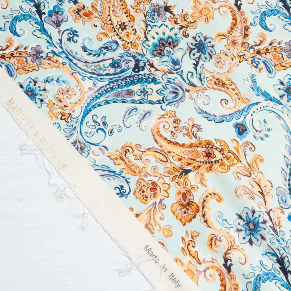 Orange & Blue Paisley Printed Pale Blue Wool & Cotton Blend