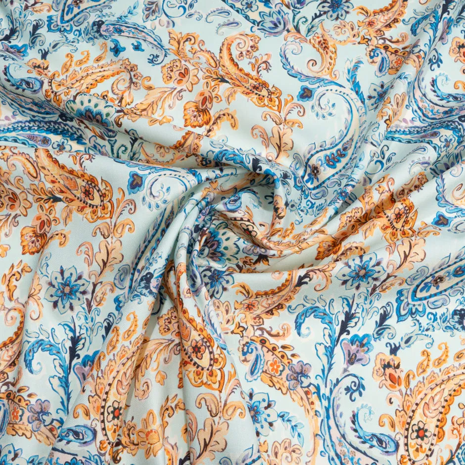 Orange & Blue Paisley Printed Pale Blue Wool & Cotton Blend