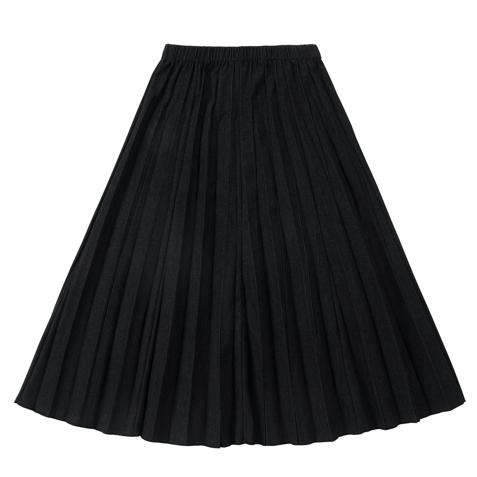 Pleated Black Denim Midi Skirt