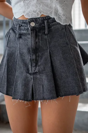 Pleated Denim Mini Skirt in Black