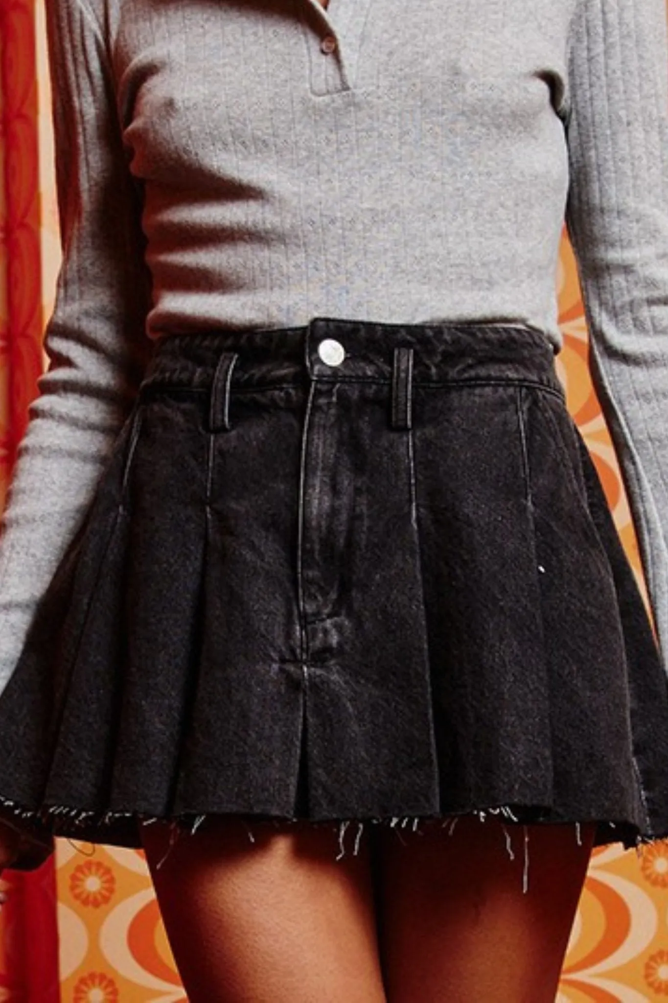 Pleated Denim Mini Skirt in Black