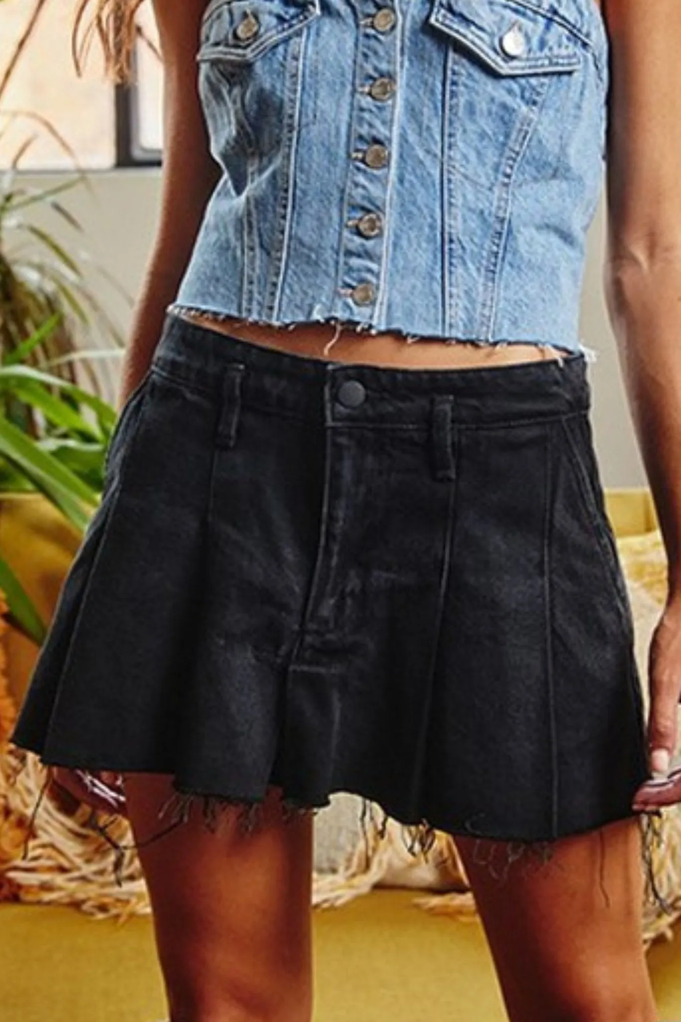 Pleated Denim Mini Skirt in Black