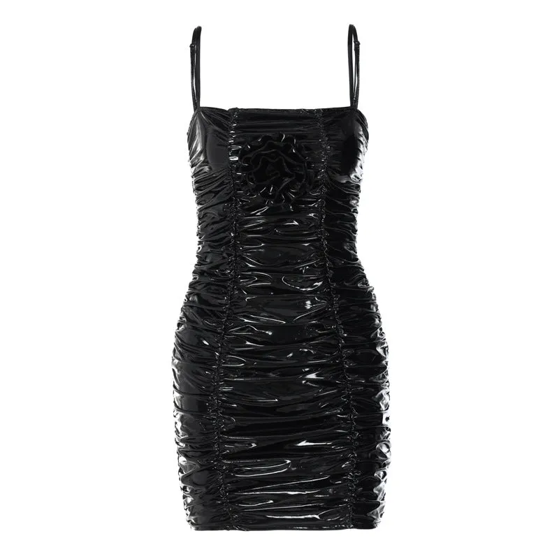 Pleated PU Leather Slim Looking Strap Dress