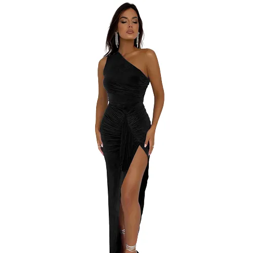 Pleated Waist Tight Slim-Fit off-Shoulder Asymmetric Unique Dress