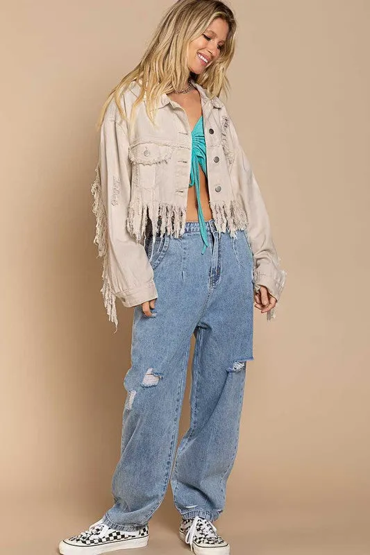 Plus Size Fringe-Detailed Cropped Denim Jacket - online exclusive