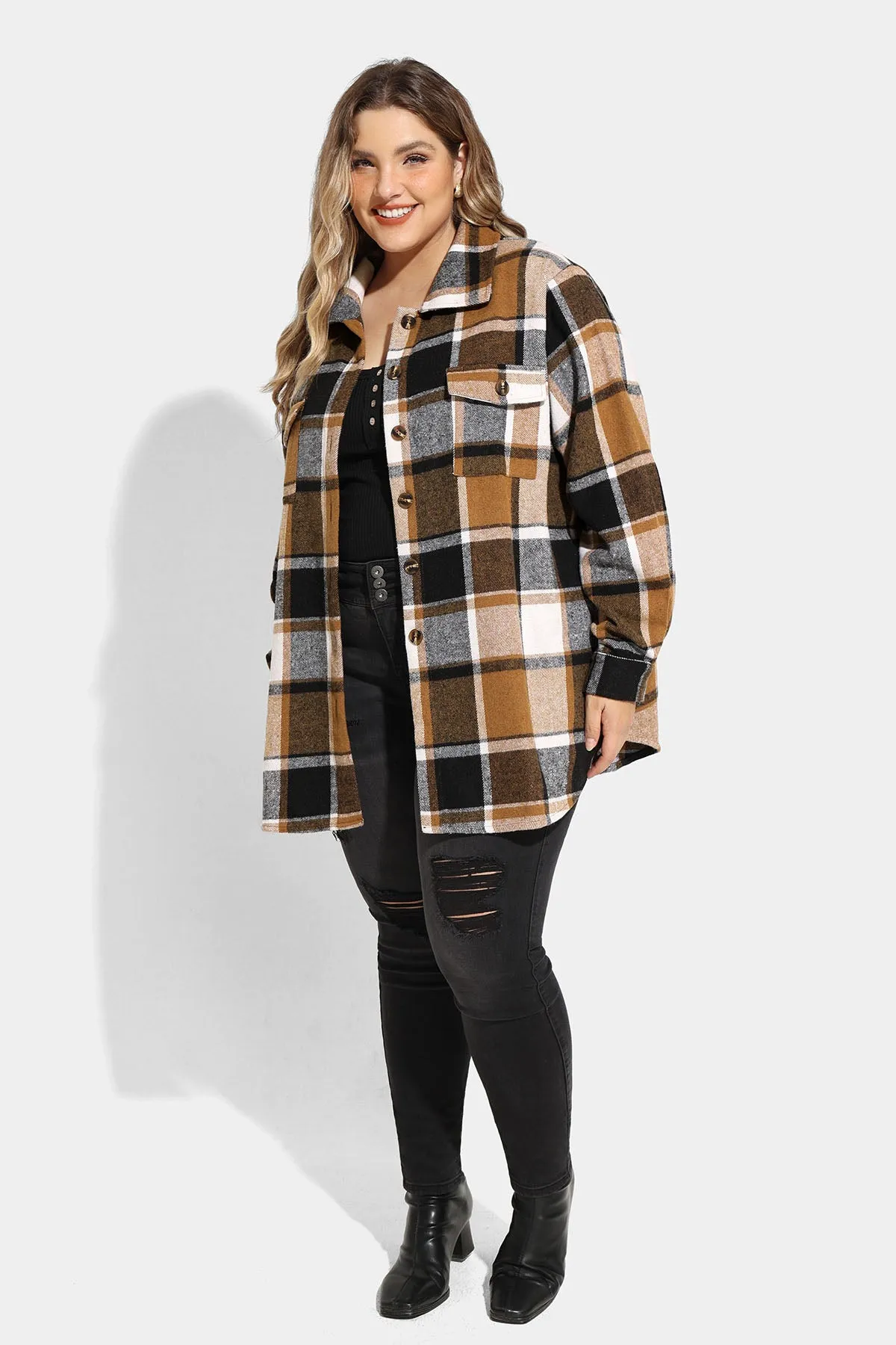 Pocket Plaid Patchwork Button Down Flanner Coat