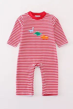 Premium red stripe dinosaur applique girl romper