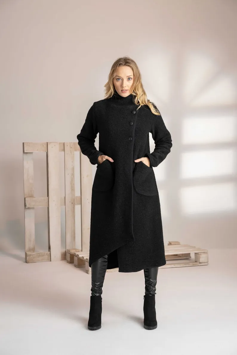 Prussian Blue Boiled Wool Coat with Pockets