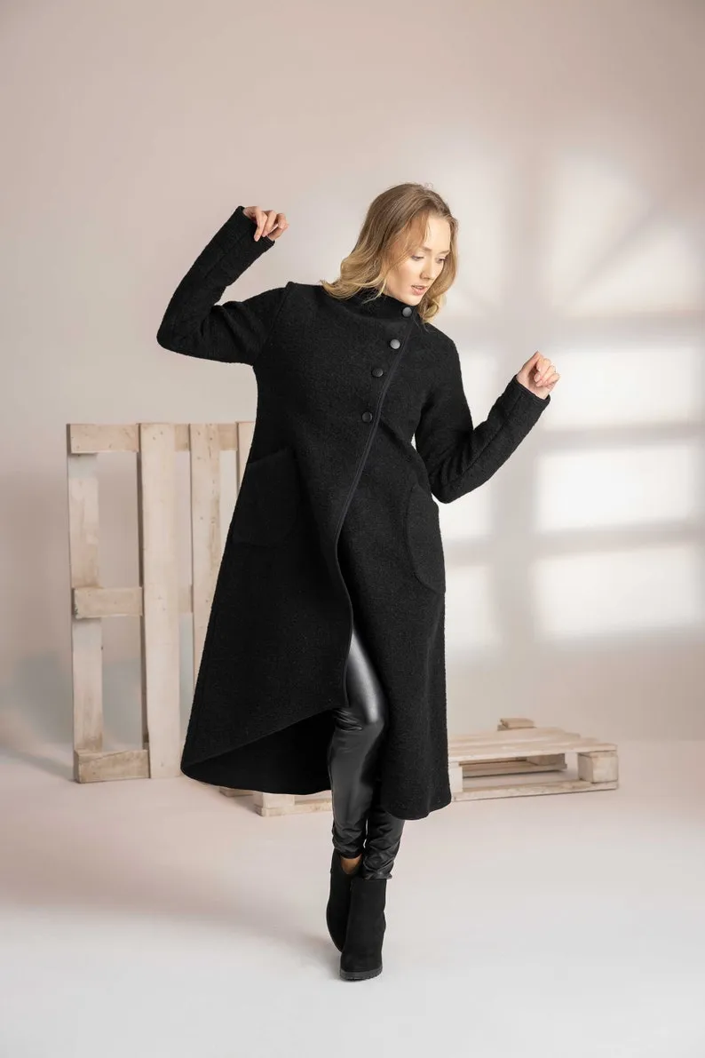 Prussian Blue Boiled Wool Coat with Pockets