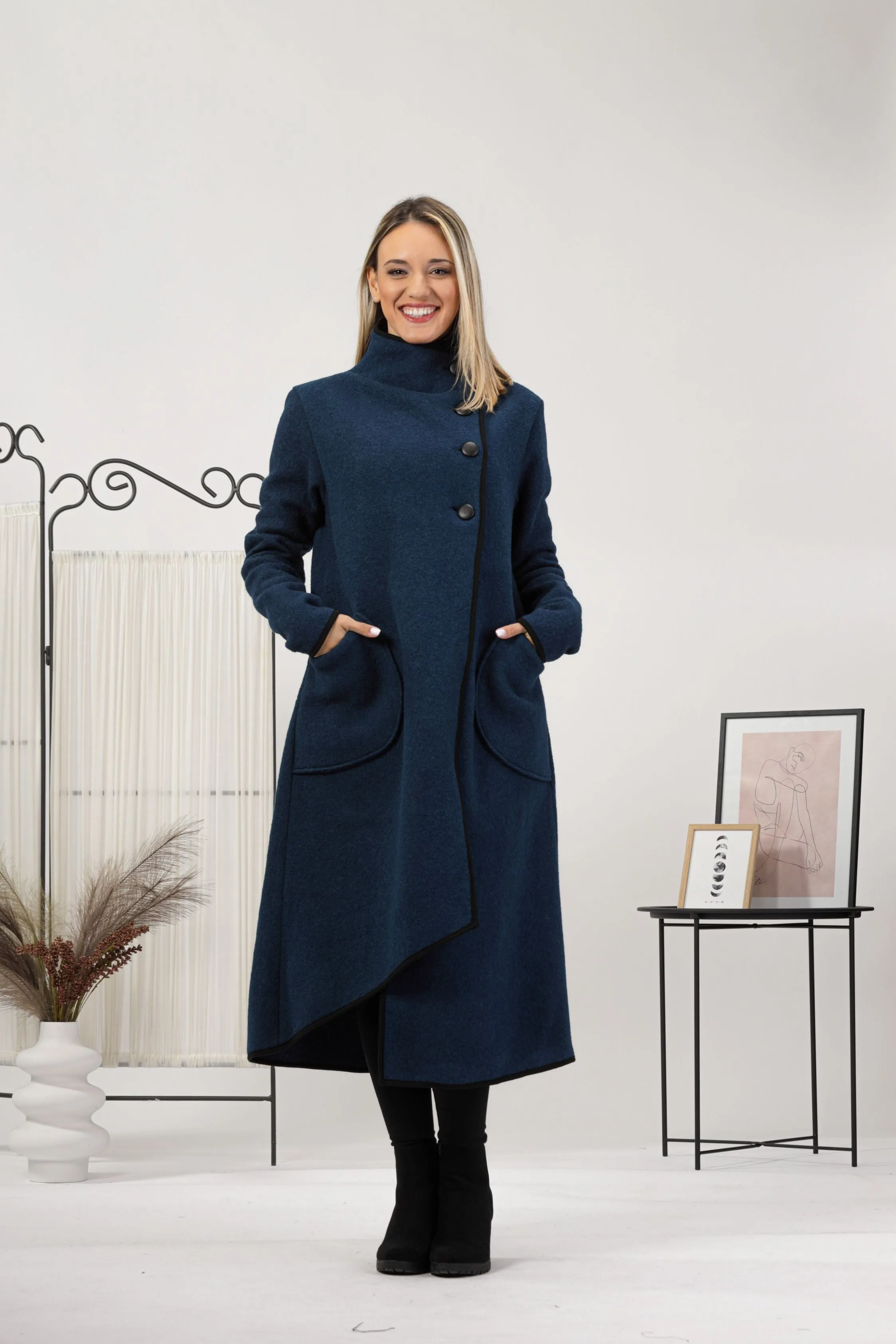 Prussian Blue Boiled Wool Coat with Pockets