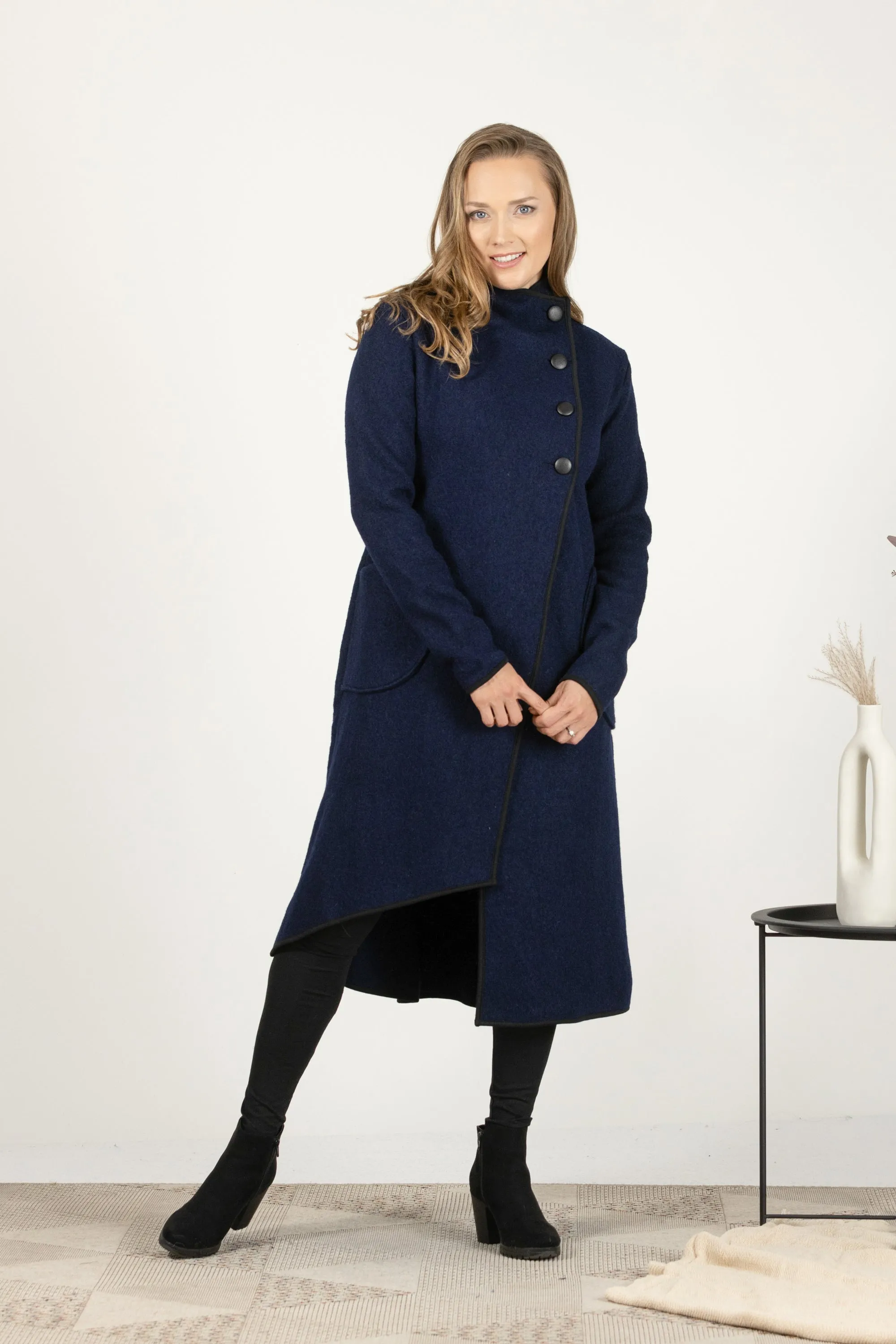 Prussian Blue Boiled Wool Coat with Pockets