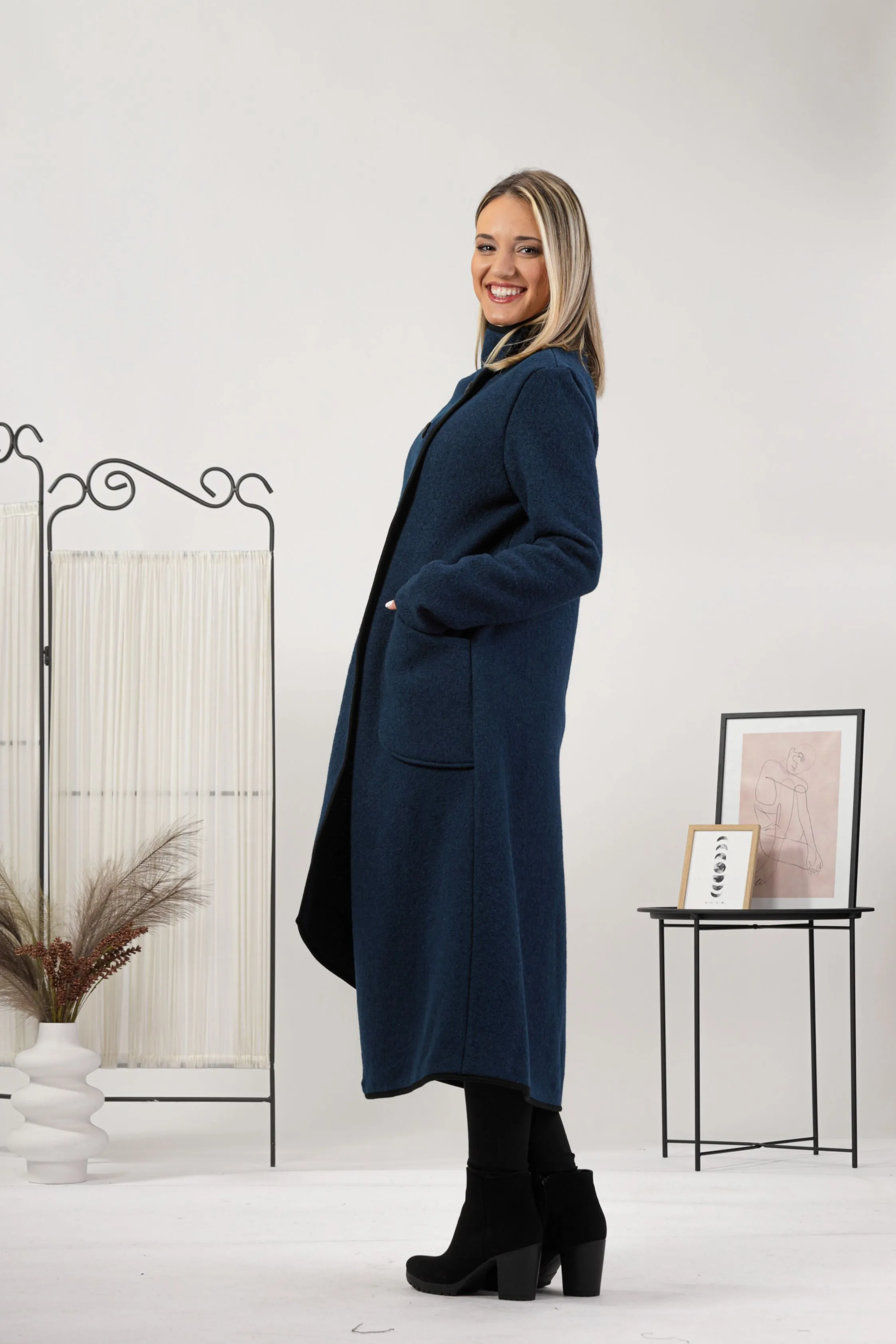 Prussian Blue Boiled Wool Coat with Pockets