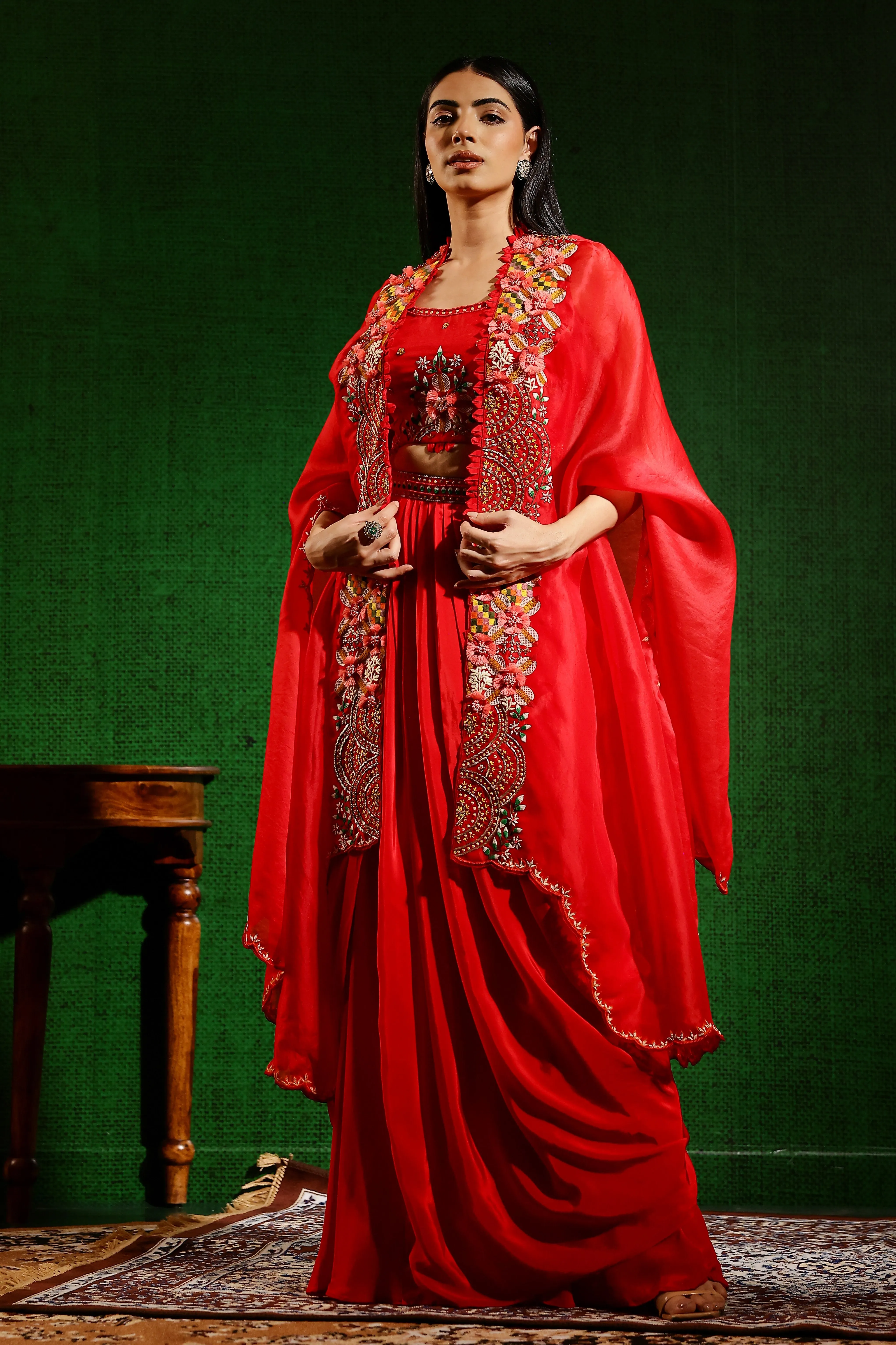 Red Embroidered Premium Organza Silk Cape Set