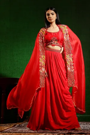 Red Embroidered Premium Organza Silk Cape Set