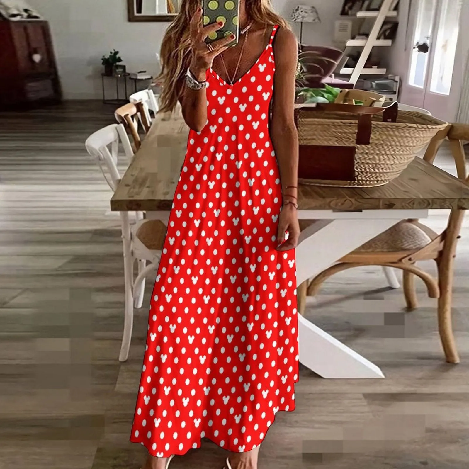 Red With White Mickey Polka Dots Women's Summer Slip Long Dress