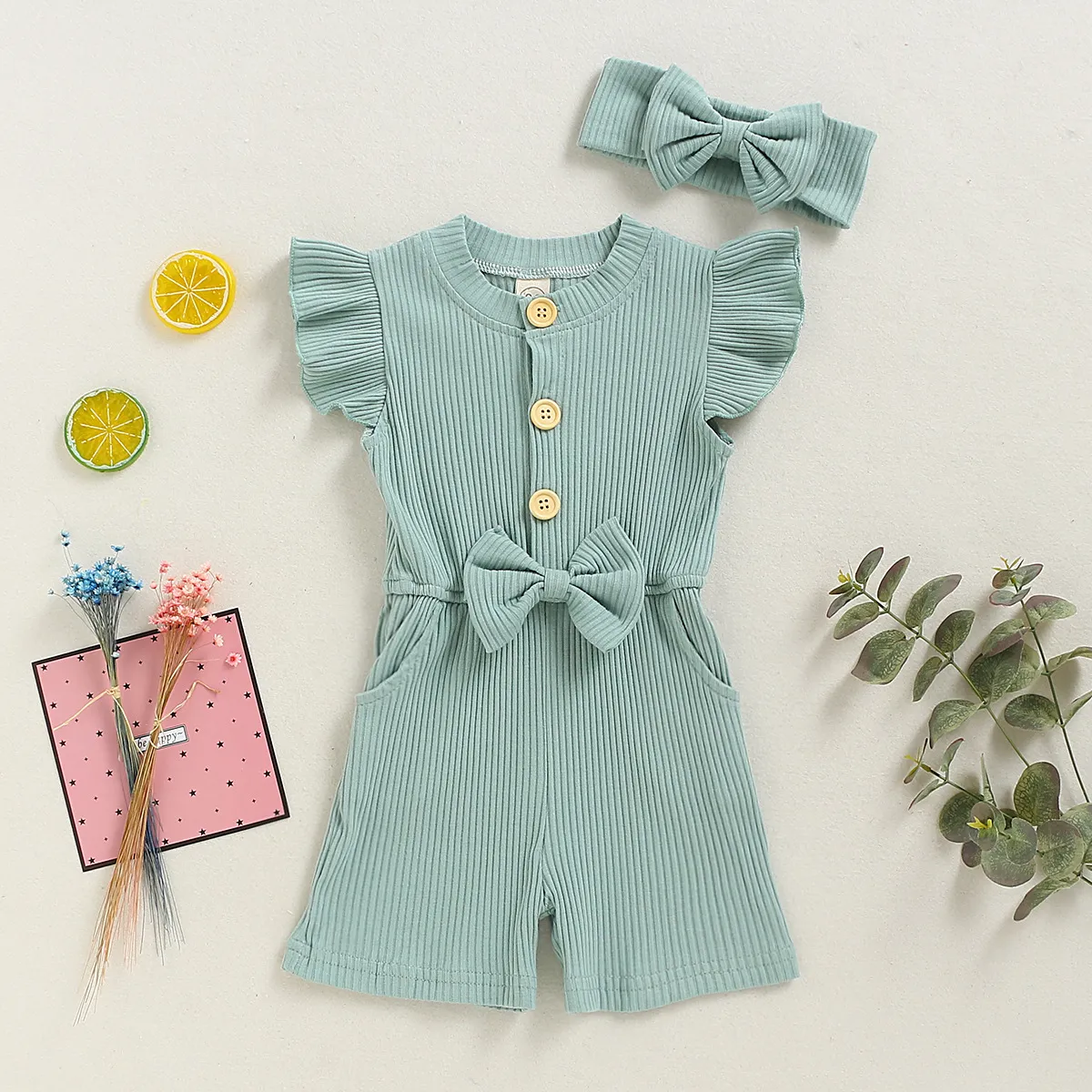 Ruffle Sleeve Bow Waist Shorts Romper (2 Colors)