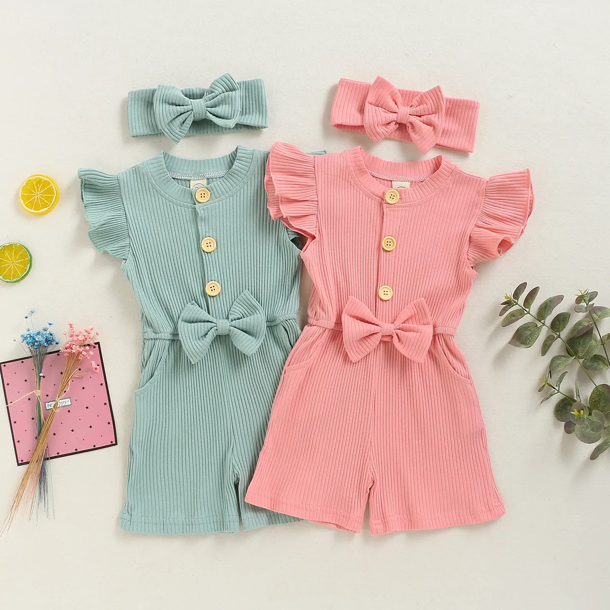 Ruffle Sleeve Bow Waist Shorts Romper (2 Colors)