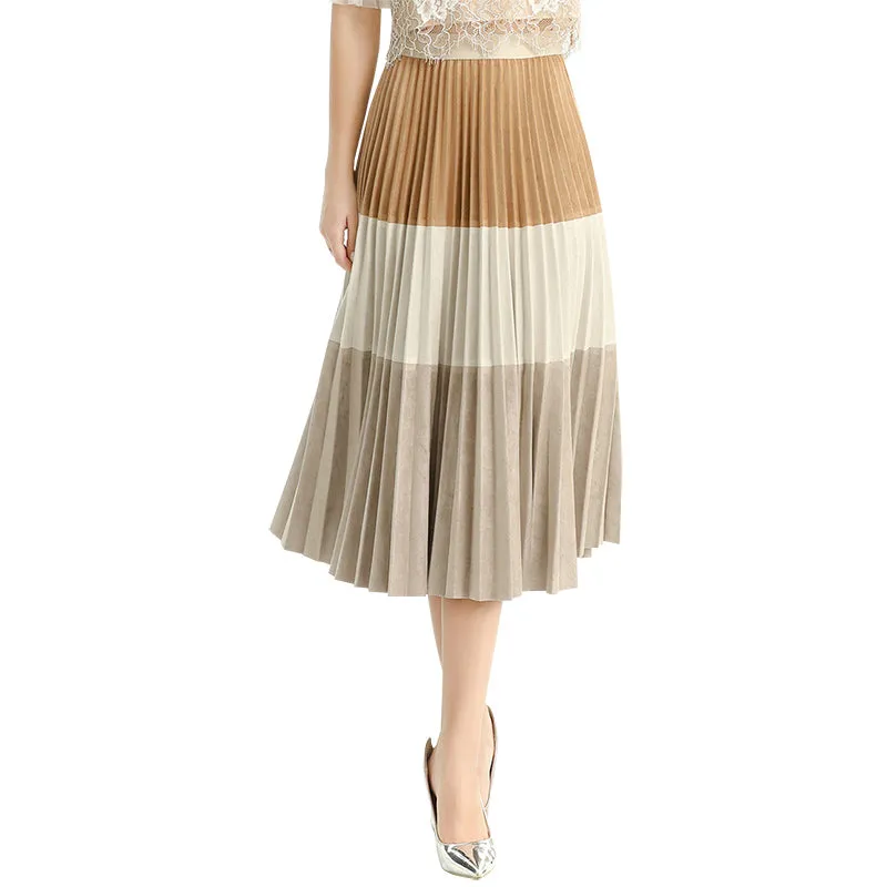 S125 Women faux suede color-block full circle sunburst pleated midi skirt