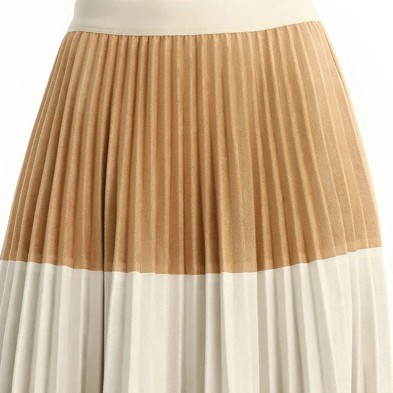 S125 Women faux suede color-block full circle sunburst pleated midi skirt