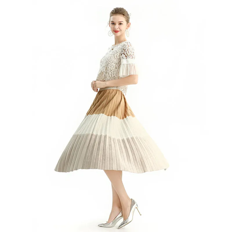 S125 Women faux suede color-block full circle sunburst pleated midi skirt