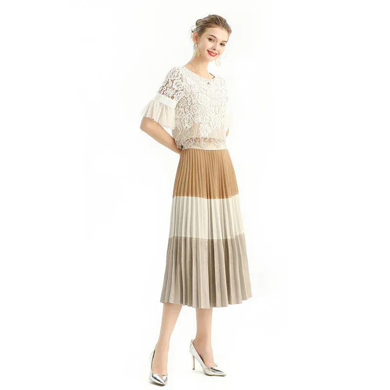 S125 Women faux suede color-block full circle sunburst pleated midi skirt