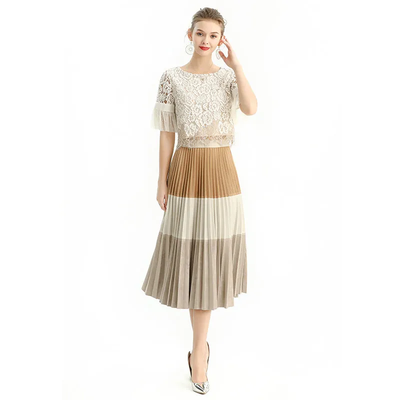 S125 Women faux suede color-block full circle sunburst pleated midi skirt