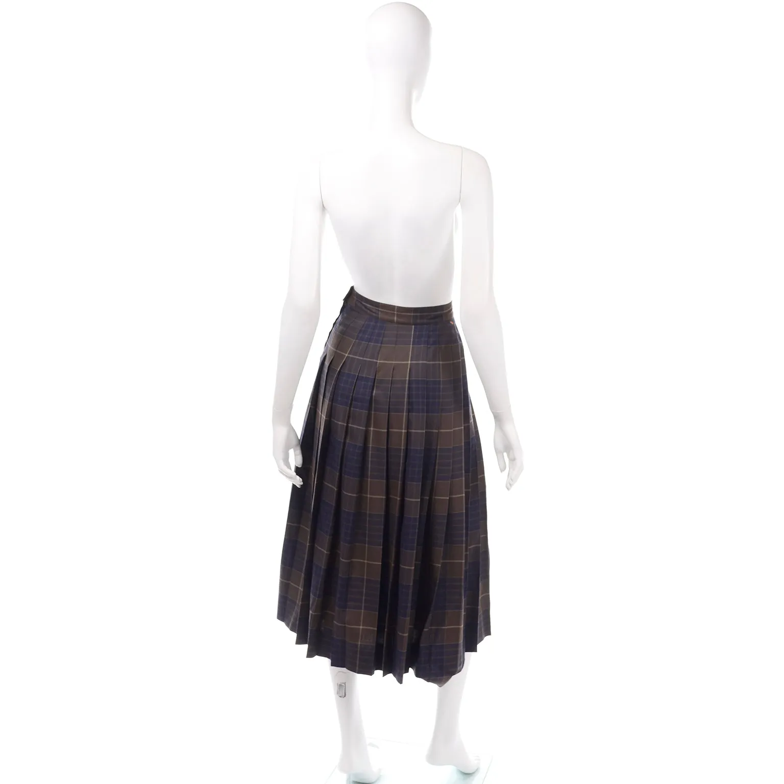 Salvatore Ferragamo Pleated Brown & Blue Plaid Midi Skirt