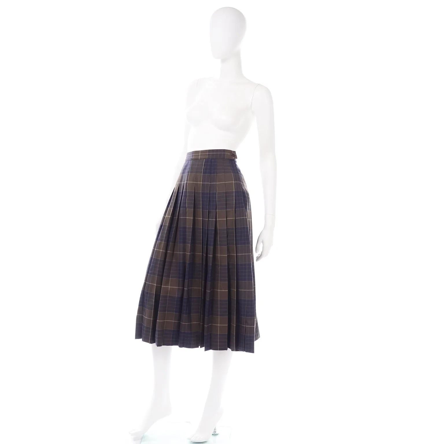 Salvatore Ferragamo Pleated Brown & Blue Plaid Midi Skirt