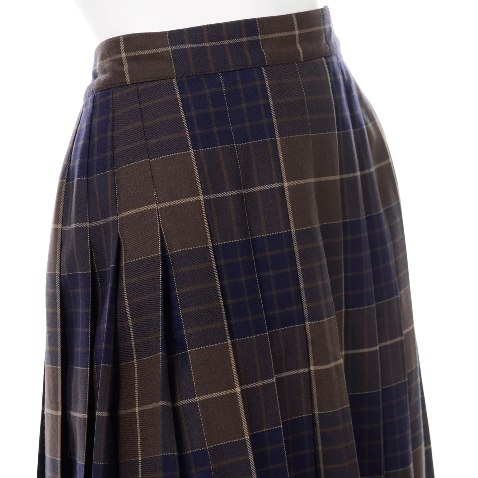 Salvatore Ferragamo Pleated Brown & Blue Plaid Midi Skirt