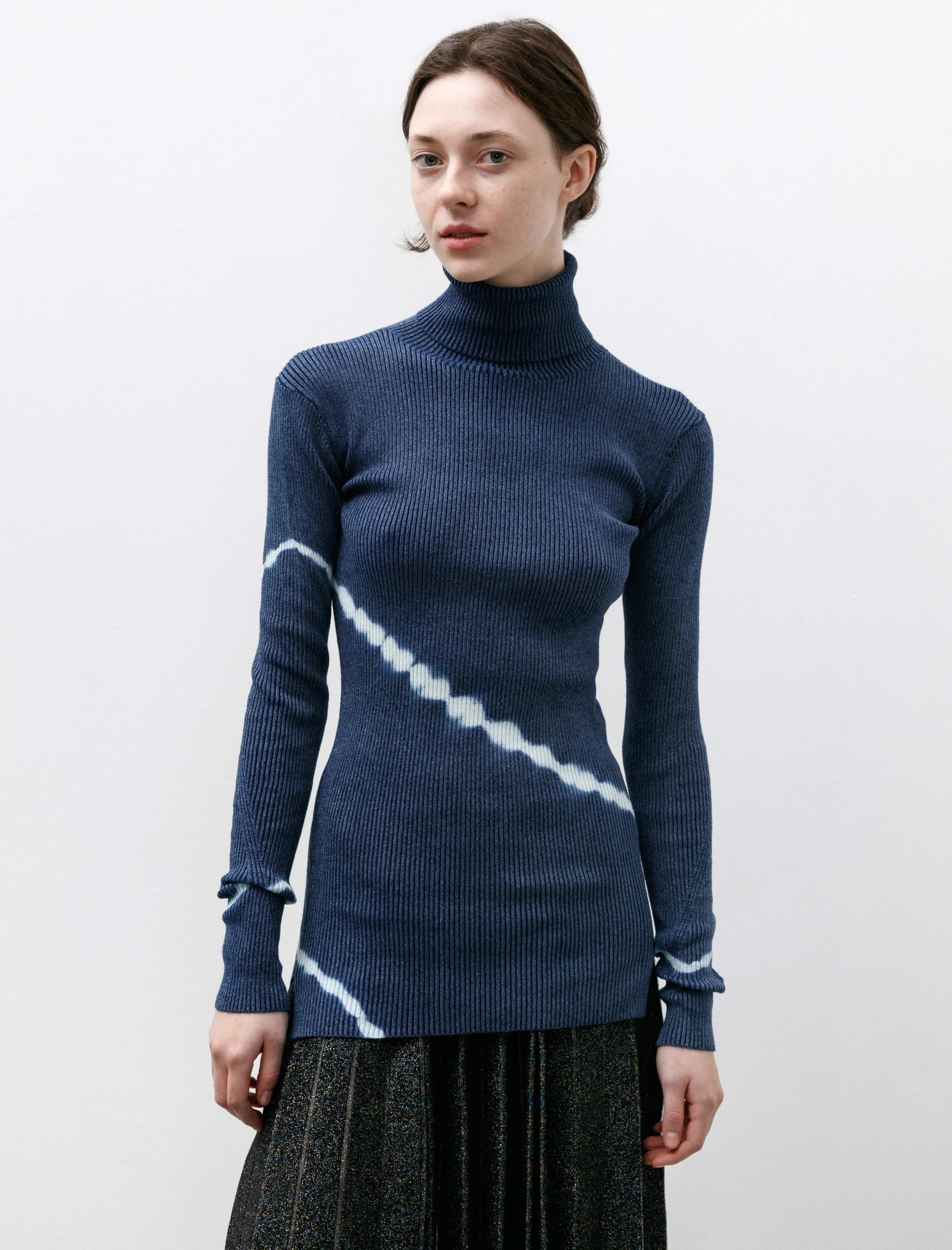 Shibori Ribbed Knit Turtleneck Indigo