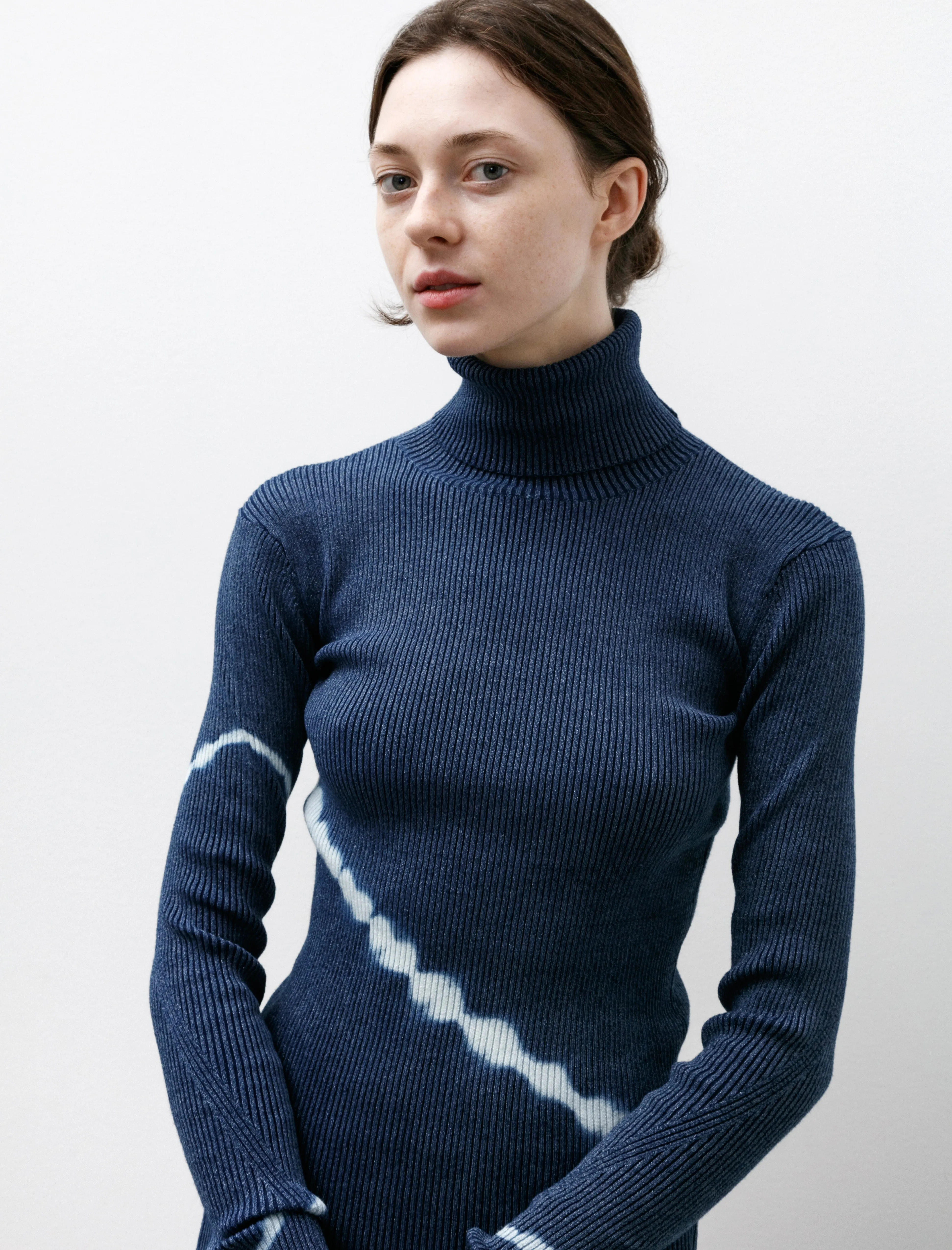 Shibori Ribbed Knit Turtleneck Indigo