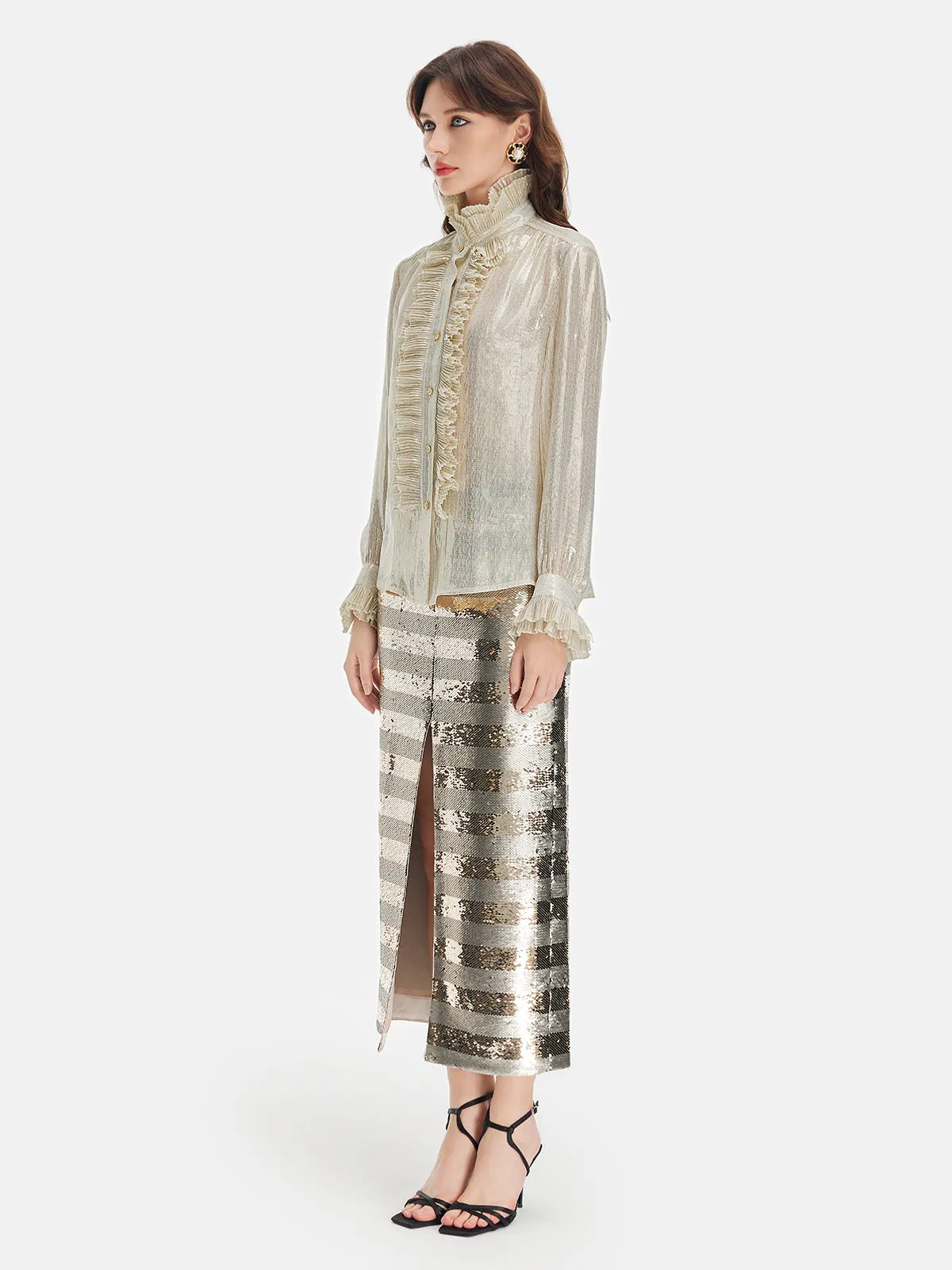 Silk Gold-Foil Pleated Shirt