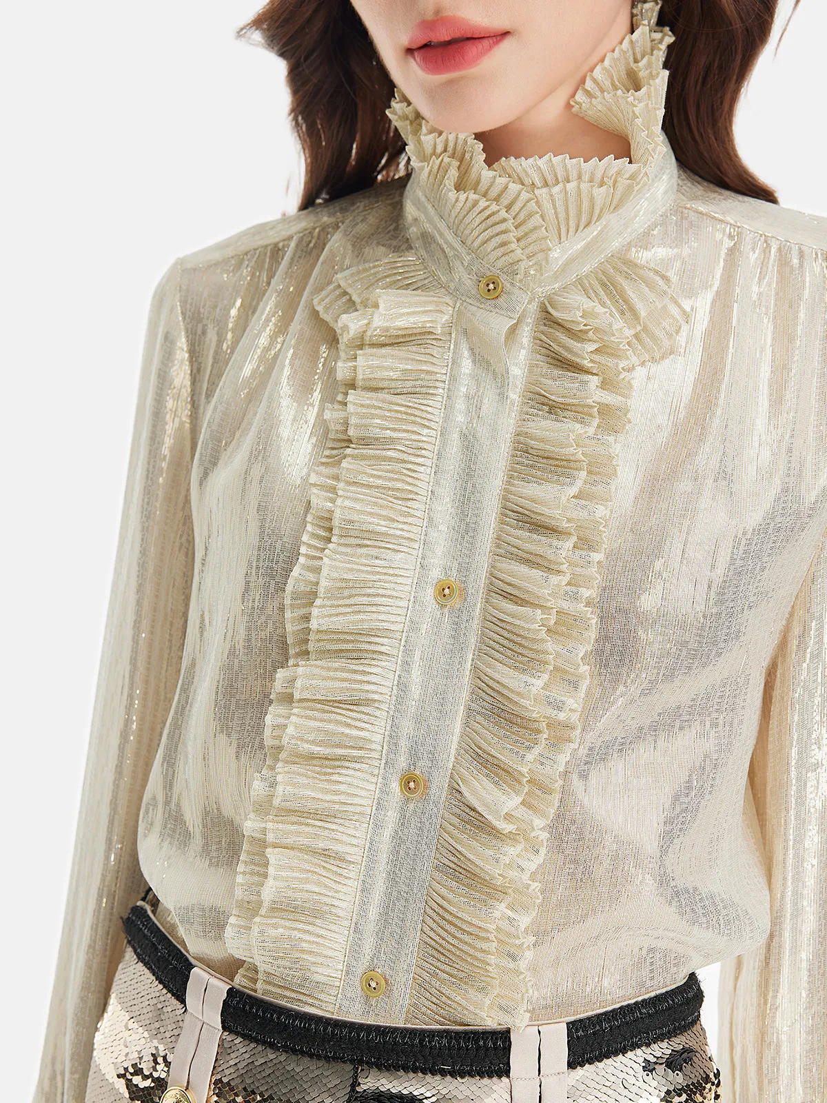 Silk Gold-Foil Pleated Shirt