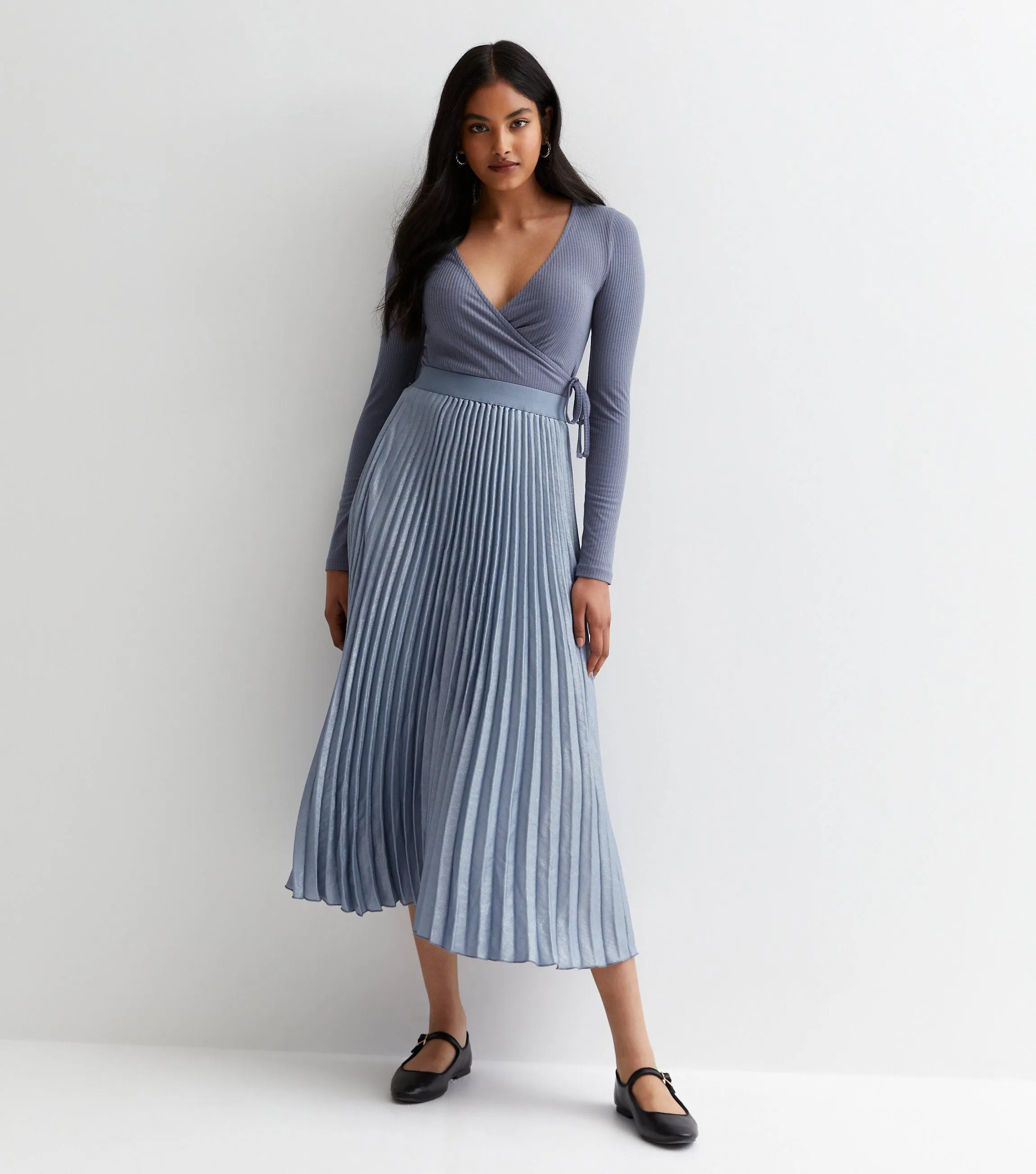 Silver Pleated Midi Skirt