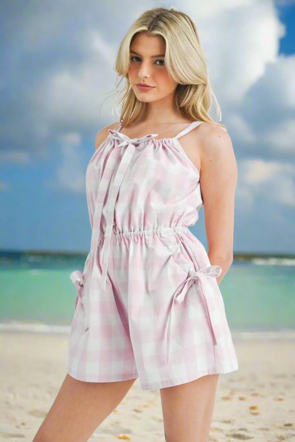 Sleeveless Button Down Summer Romper with Bows