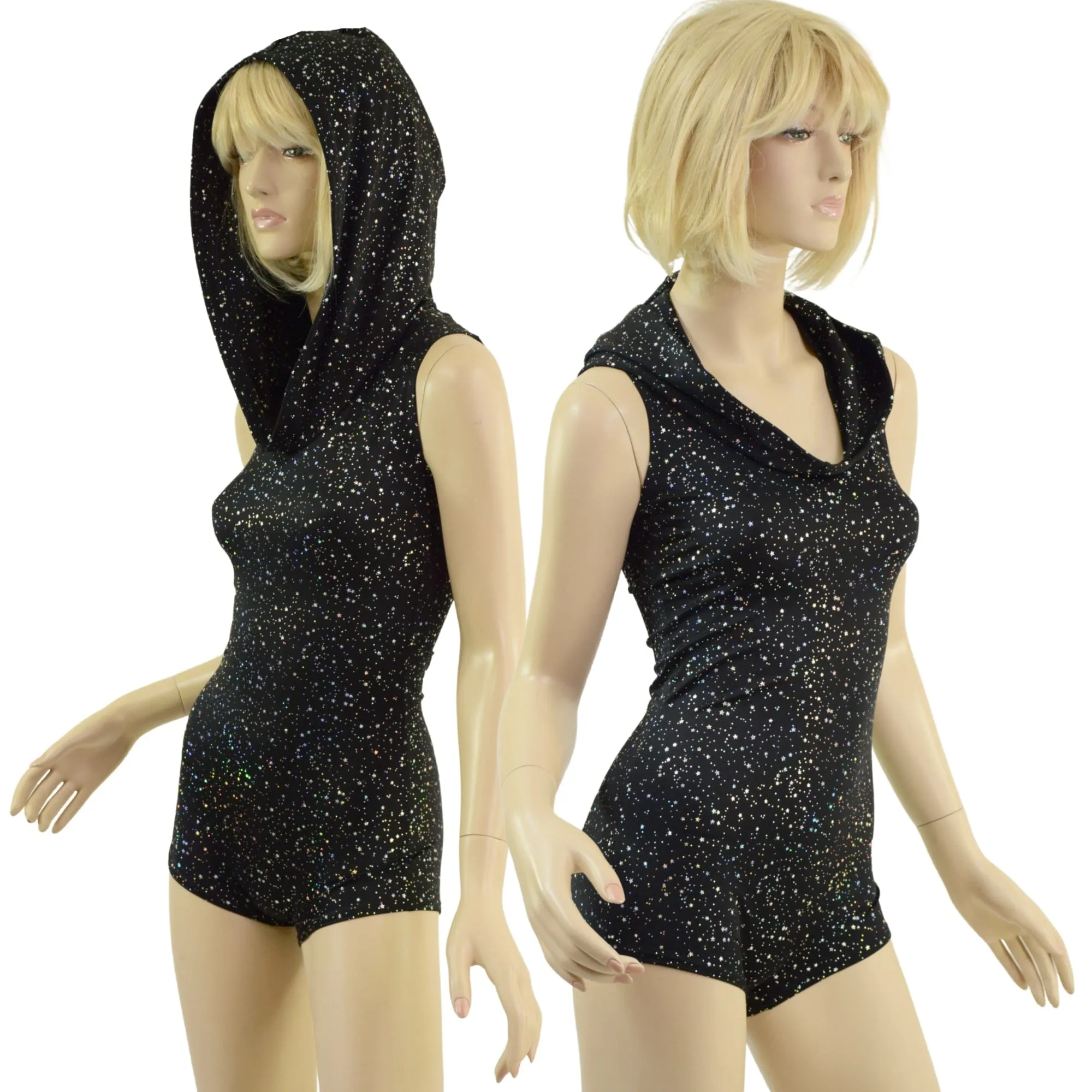 Sleeveless Star Noir Romper with Self Lined Hood and Boy Cut Leg