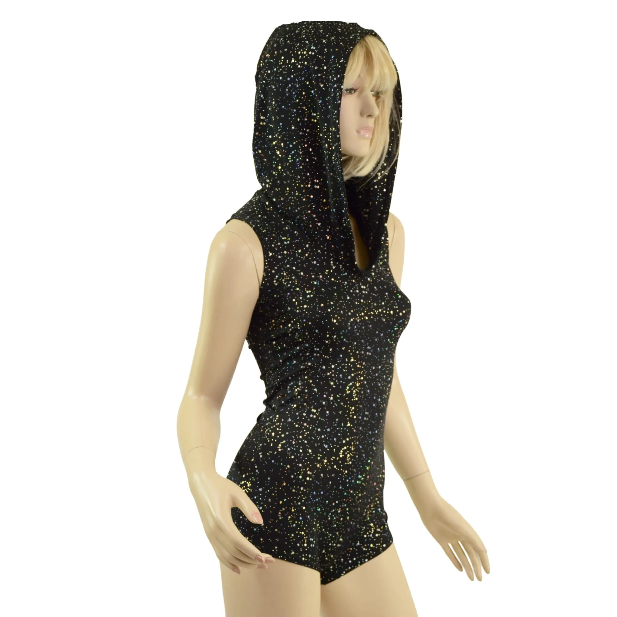 Sleeveless Star Noir Romper with Self Lined Hood and Boy Cut Leg