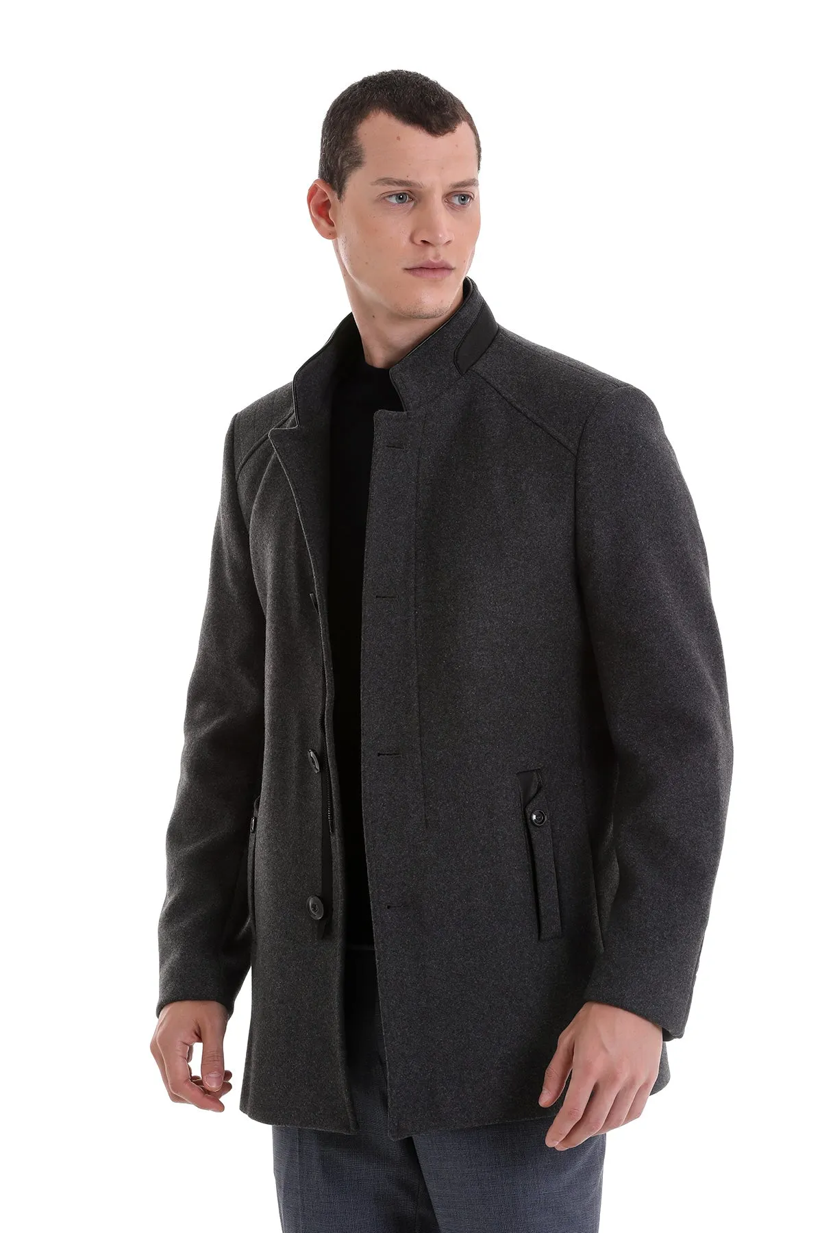 Slim Fit Nikko Stand Collar Wool Blend Dark Gray Coat