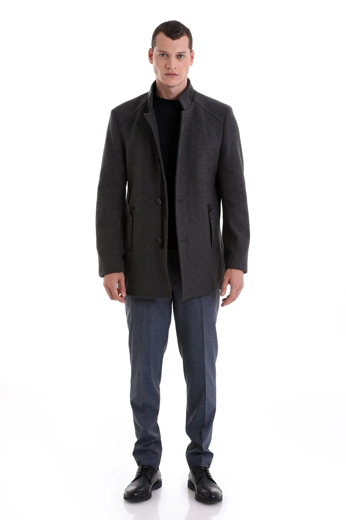 Slim Fit Nikko Stand Collar Wool Blend Dark Gray Coat