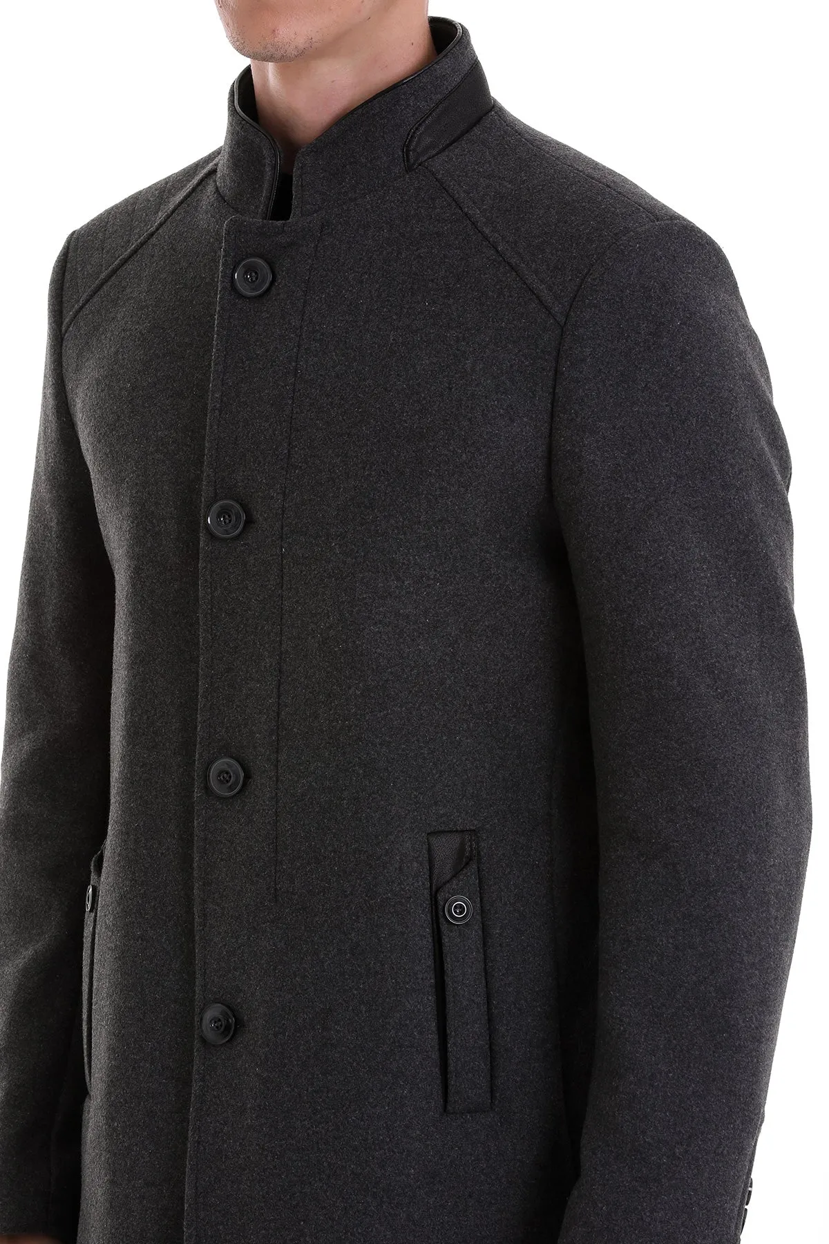 Slim Fit Nikko Stand Collar Wool Blend Dark Gray Coat