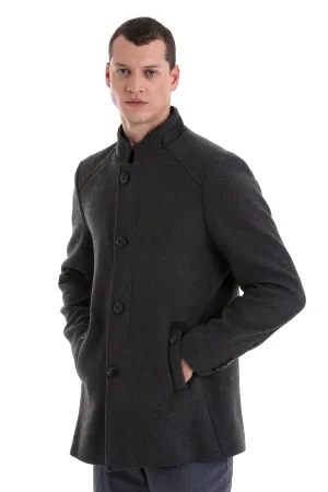 Slim Fit Nikko Stand Collar Wool Blend Dark Gray Coat