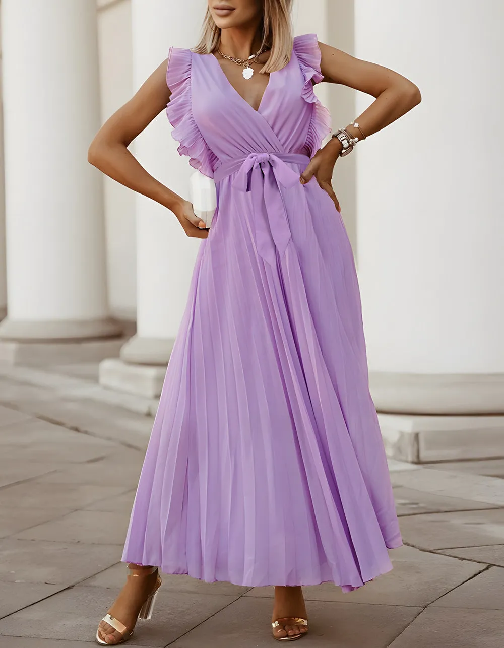 Solid-color V Neck Belted Chiffon Long Pleated Dresses