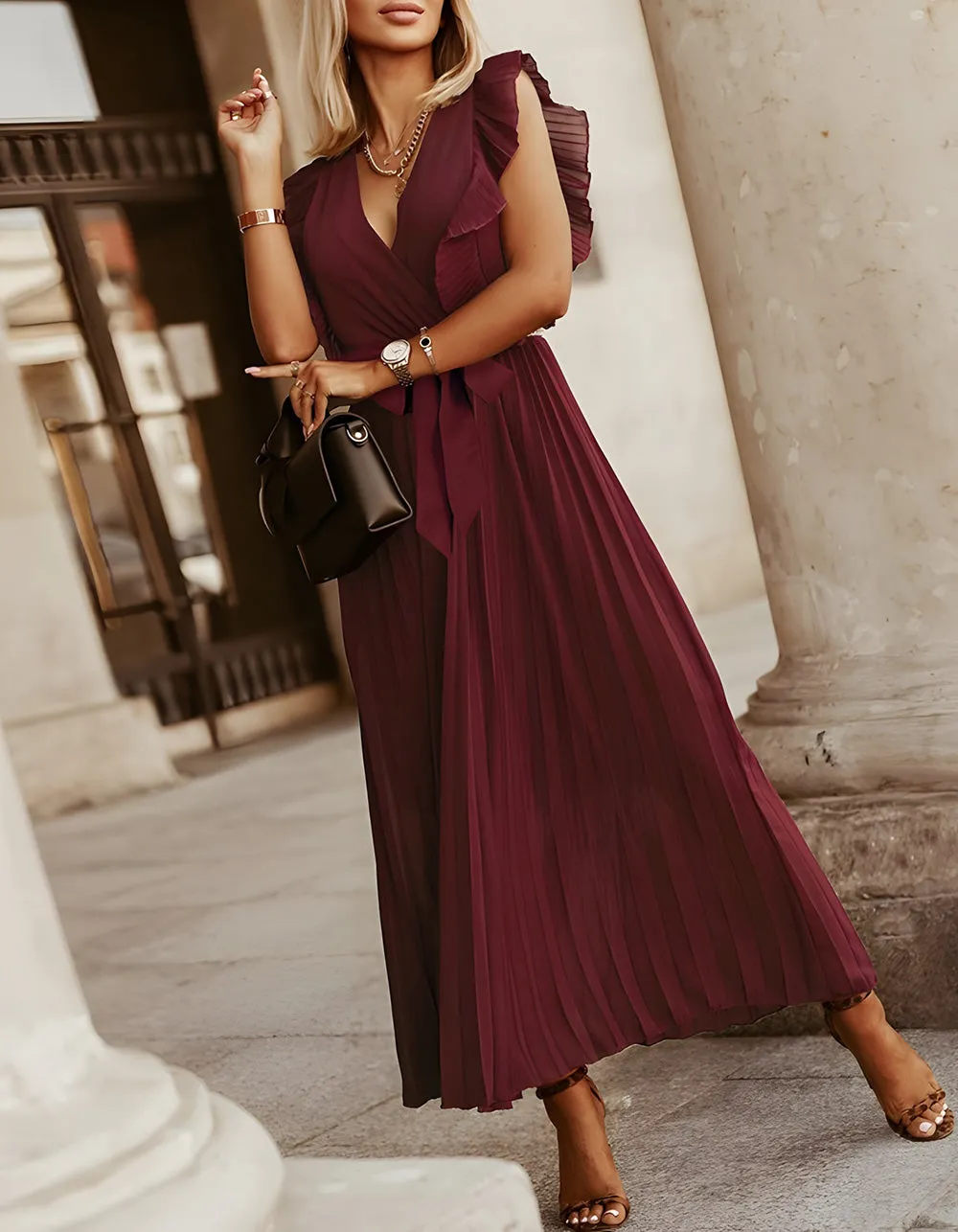 Solid-color V Neck Belted Chiffon Long Pleated Dresses