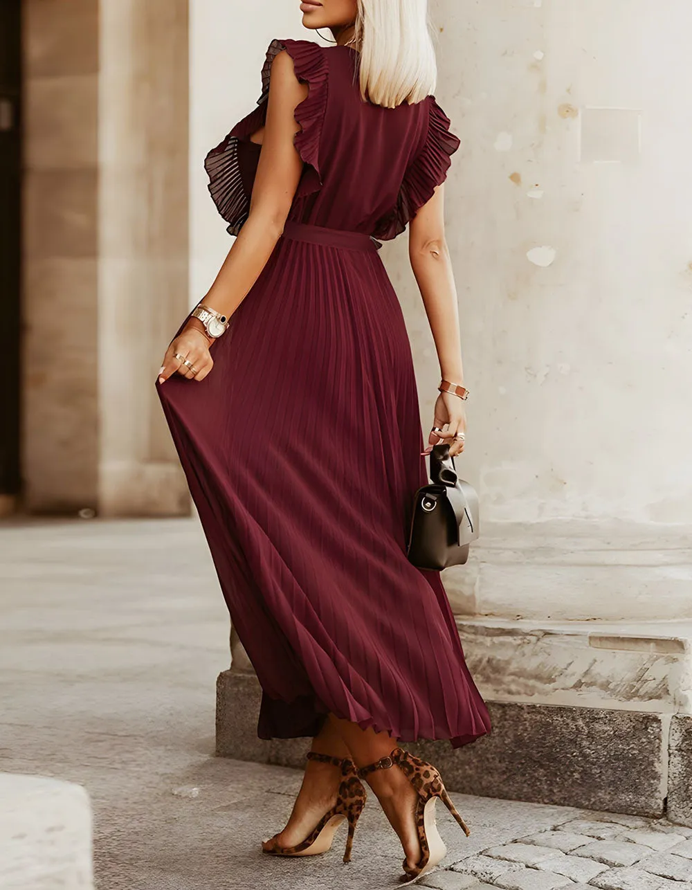 Solid-color V Neck Belted Chiffon Long Pleated Dresses