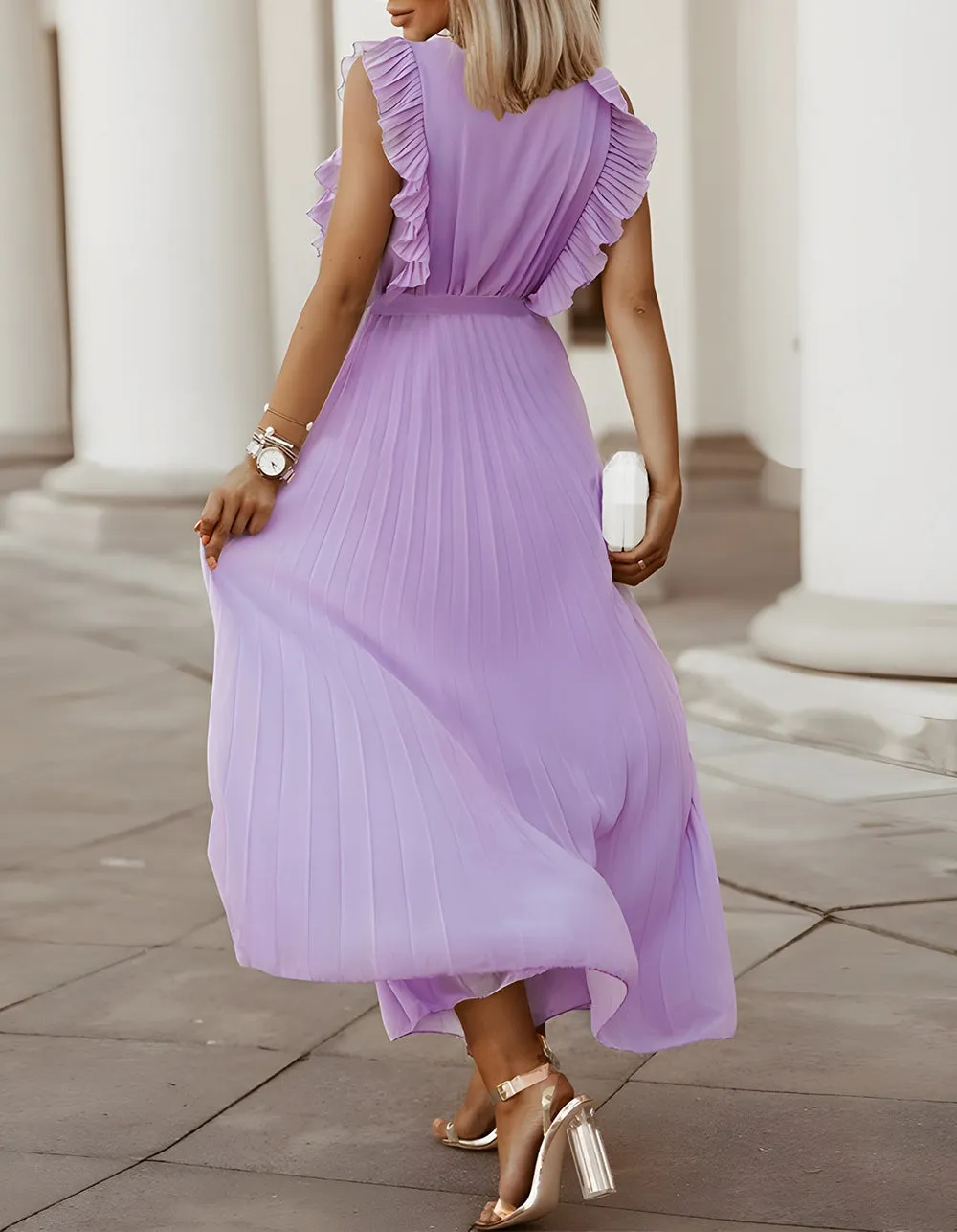 Solid-color V Neck Belted Chiffon Long Pleated Dresses