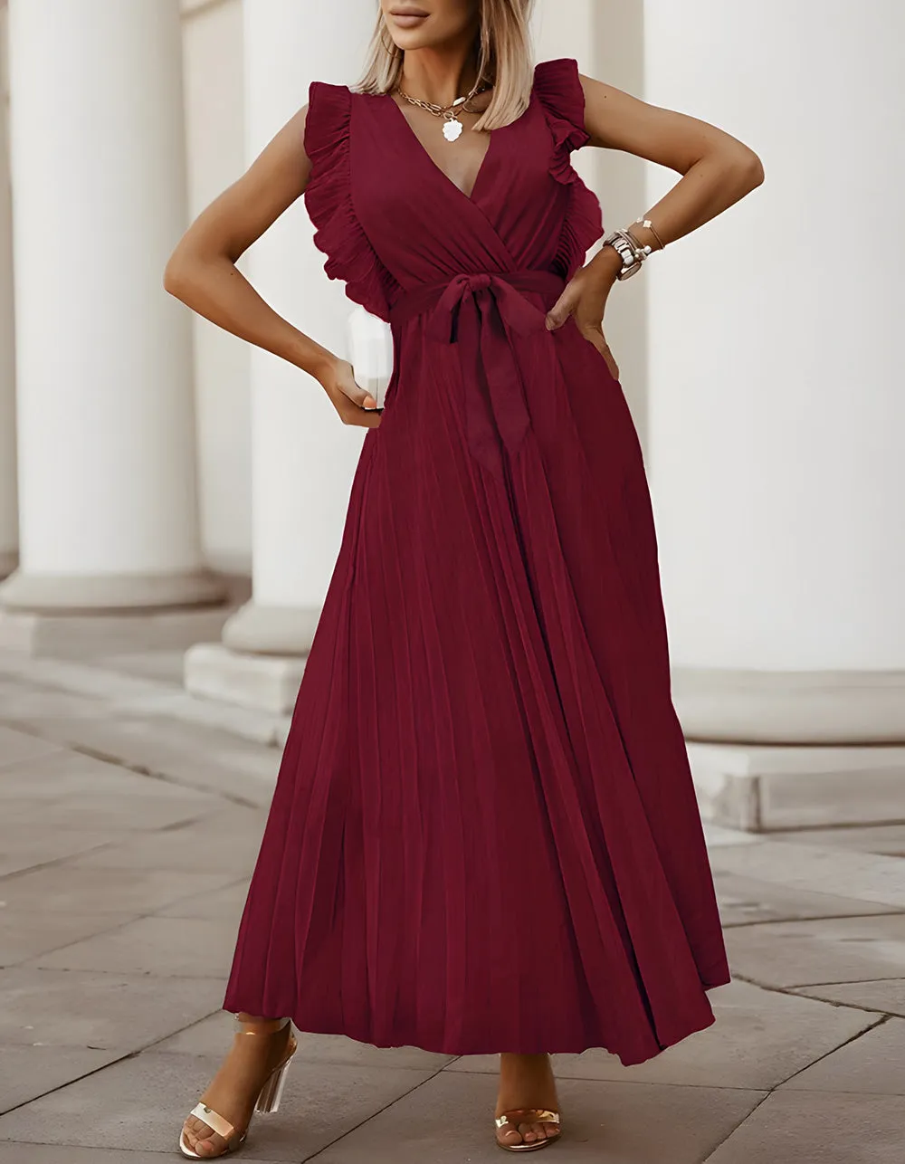 Solid-color V Neck Belted Chiffon Long Pleated Dresses