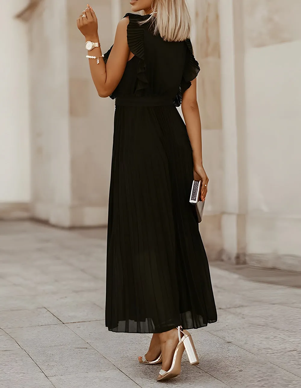 Solid-color V Neck Belted Chiffon Long Pleated Dresses