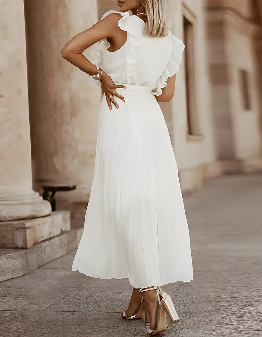 Solid-color V Neck Belted Chiffon Long Pleated Dresses