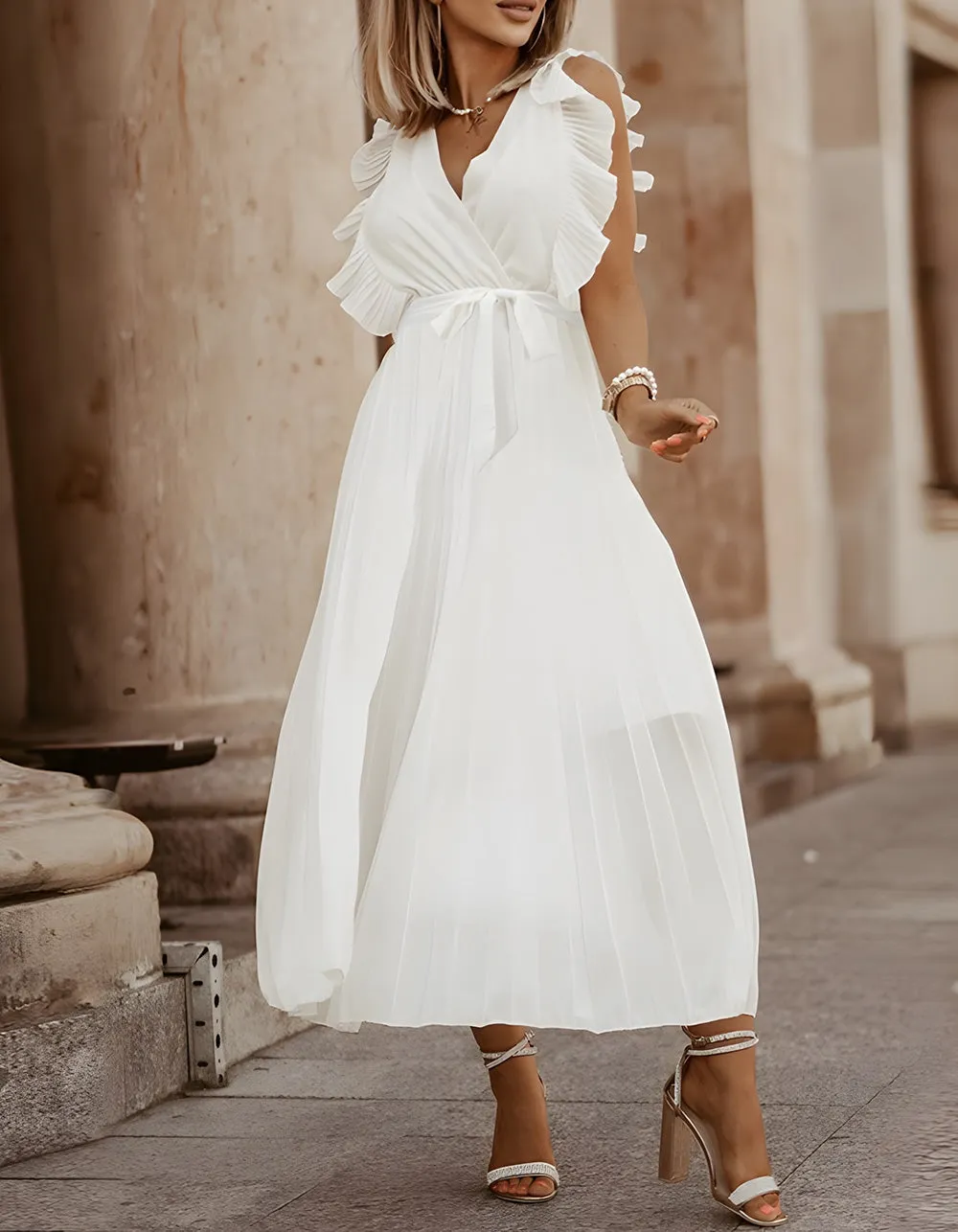 Solid-color V Neck Belted Chiffon Long Pleated Dresses