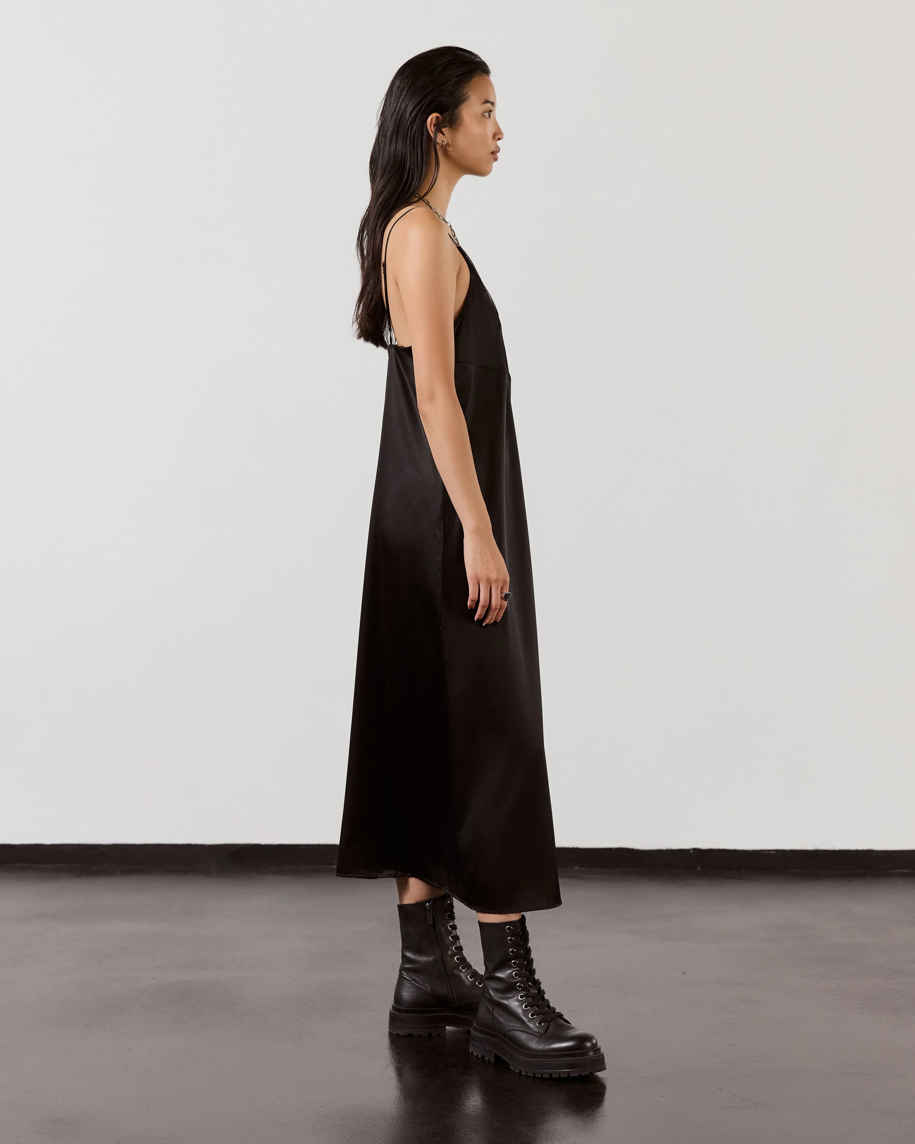 The Black Long Silk Slip Dress